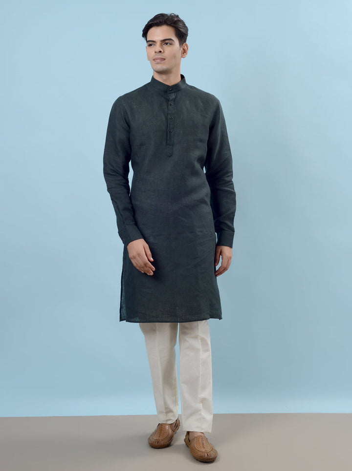 Discover sophistication in this olive green kurta set, crafted for modern men attending family functions.