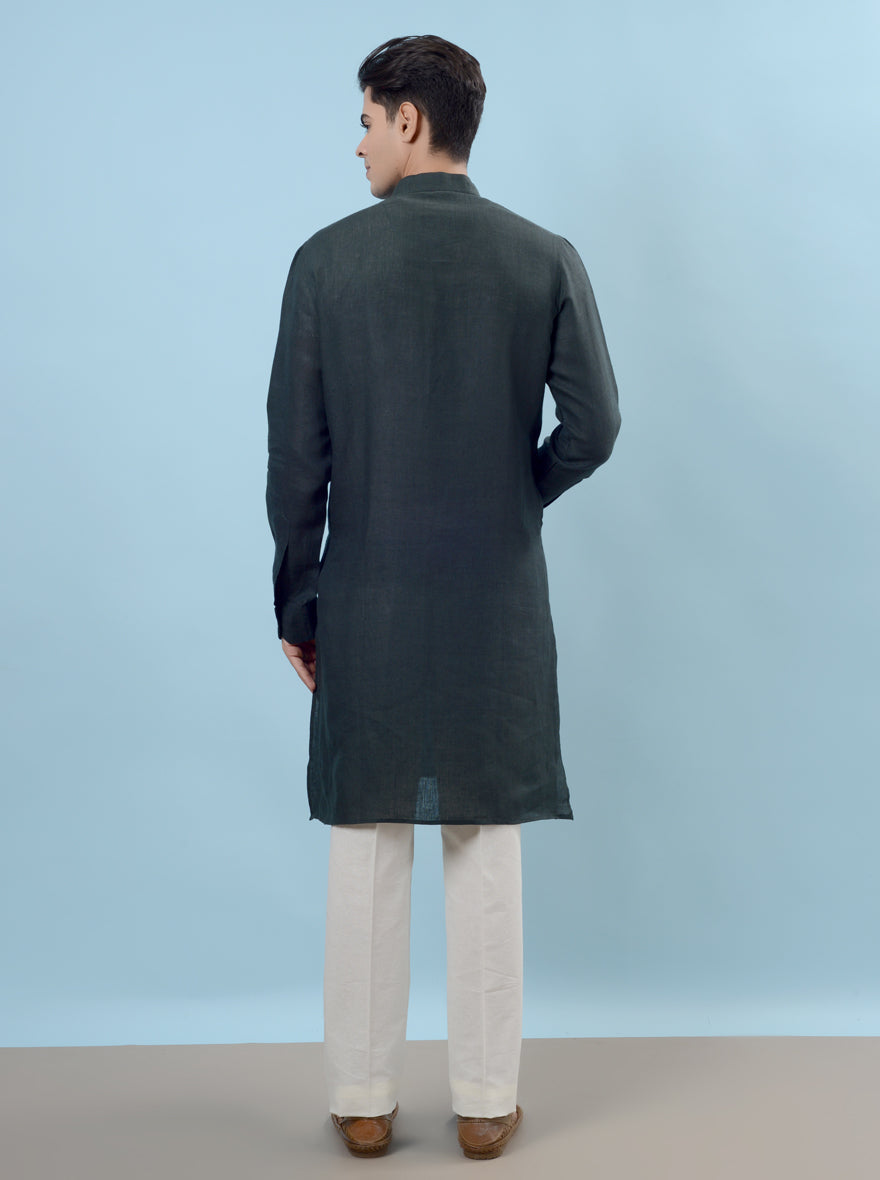 This olive green kurta pajama combines comfort and elegance, perfect for semi-casual events in the USA.