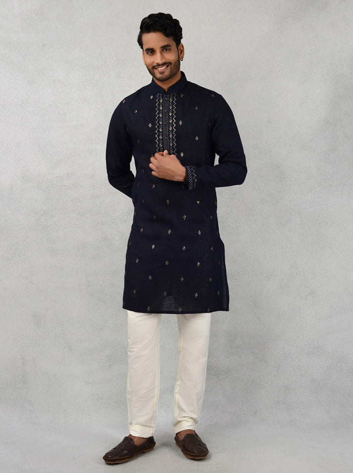 Stylish navy blue kurta pajama for men, perfect for showcasing elegance and comfort at cultural celebrations in the USA.