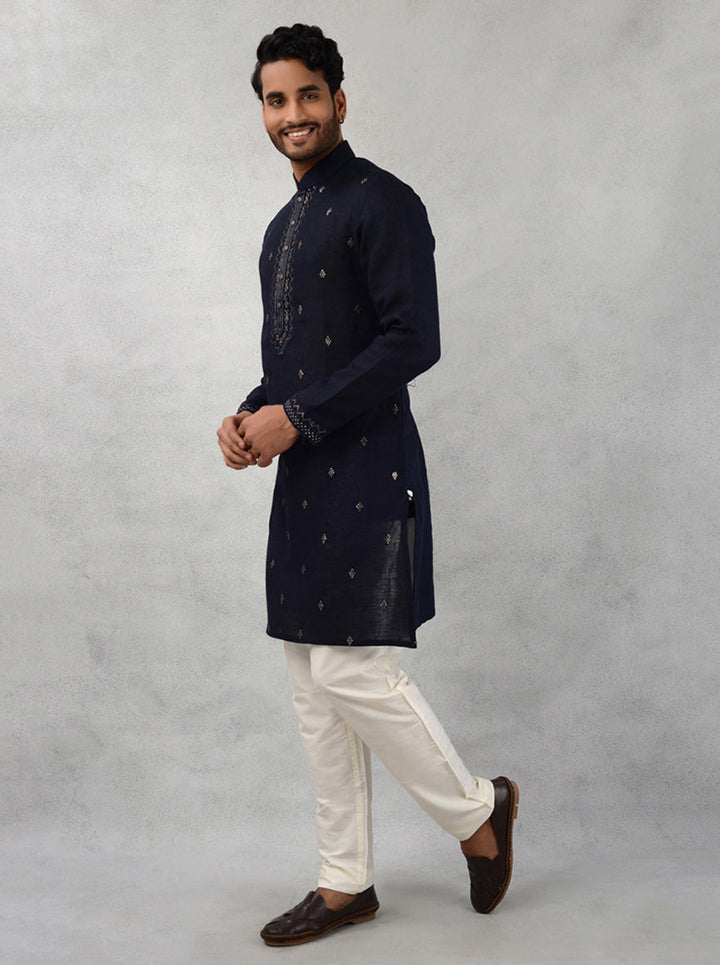 Festive navy blue linen kurta pajama, embroidered for USA events