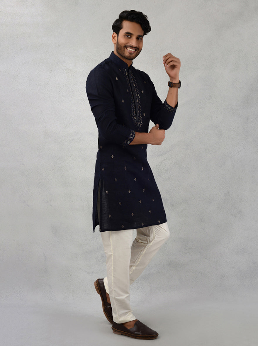 USA men’s navy blue kurta pajama, embroidered linen festive attire