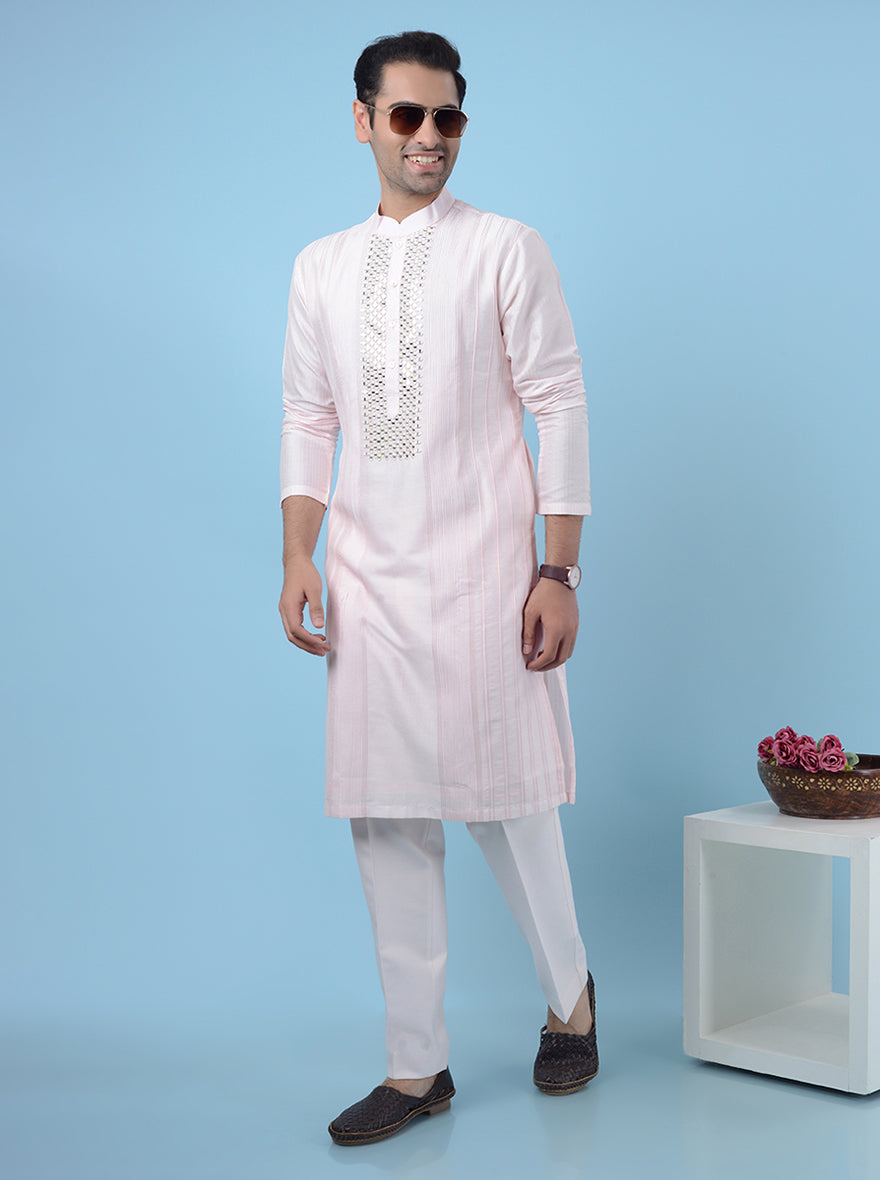 Stylish pink Chanderi silk kurta pajama for men, featuring elegant mirror embroidery for festive occasions.