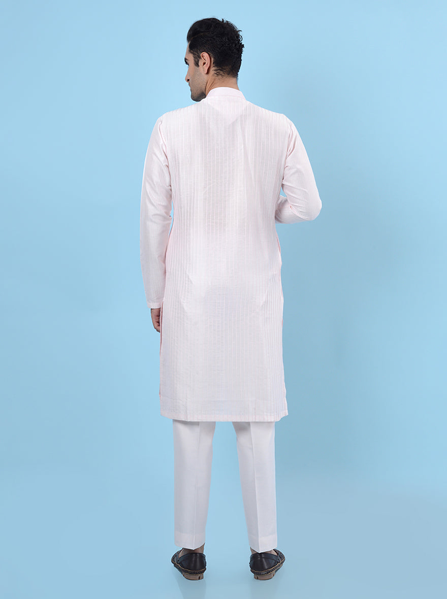 Traditional pink kurta pajama for men, designed with mirror embroidery on premium Chanderi silk.