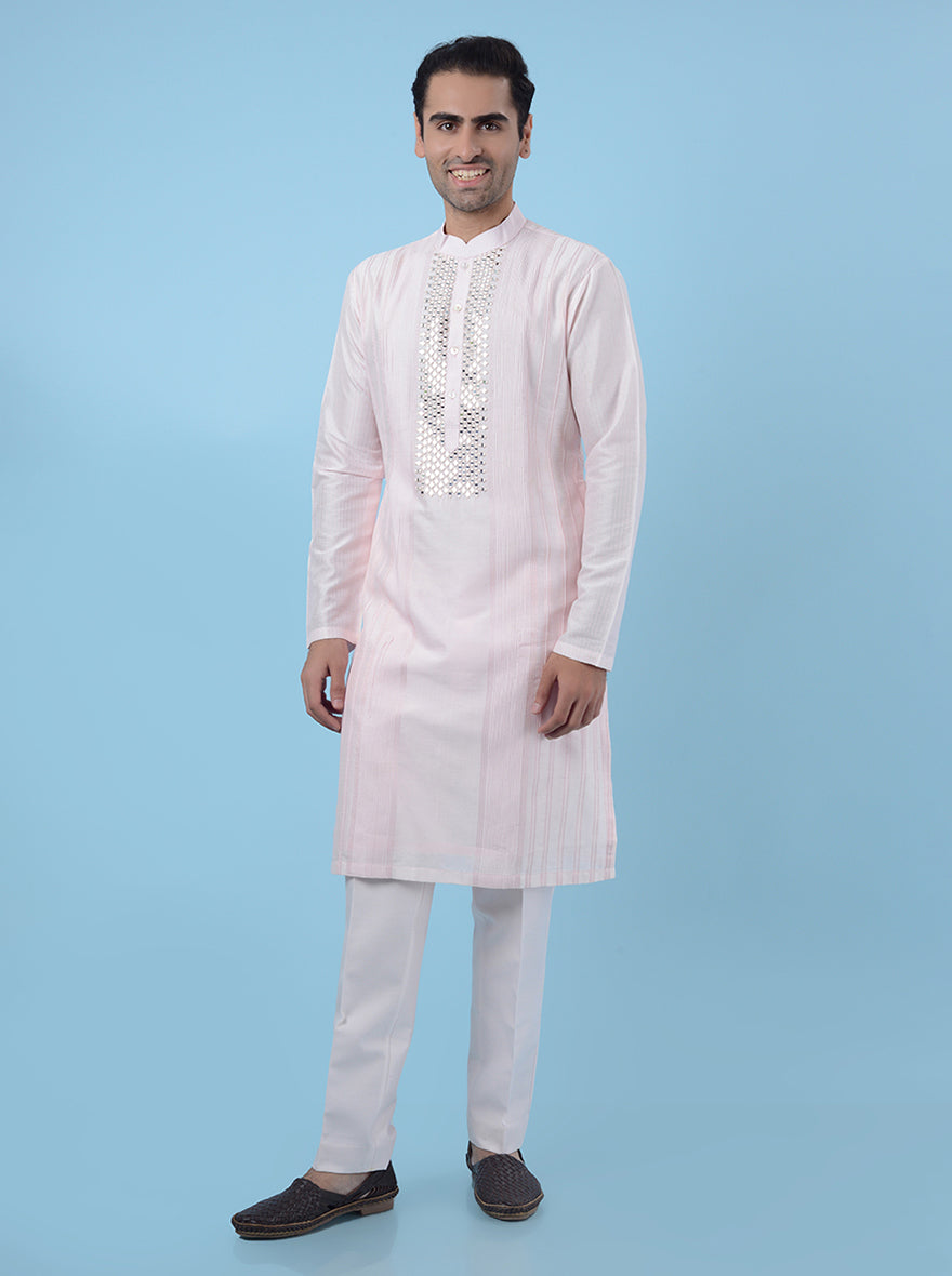 Pink Chanderi silk kurta pajama set for men, featuring mirror work embroidery for an elegant look.