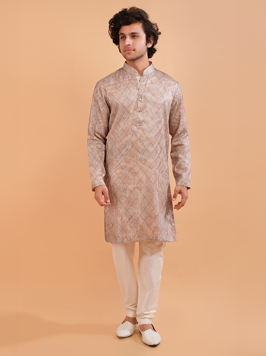 Enjoy sophisticated style with this cream and brown kurta pajama set, ideal for festive celebrations in the USA.