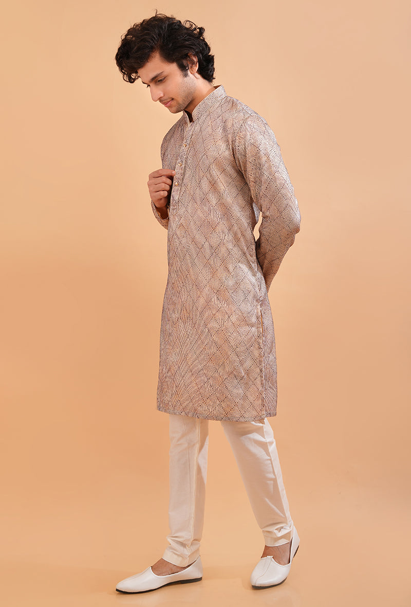 Elegant cream kurta pajama set for men, crafted with premium silk blend for festive events.