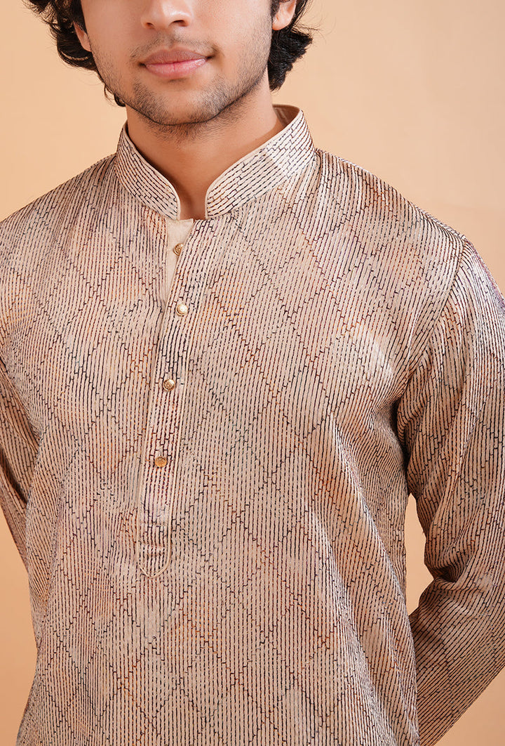 Cream silk blend men's kurta pajama set with fine embroidery for elegant traditional wear.