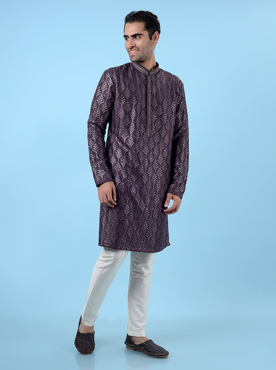 Men's purple kurta set with intricate embroidery, ideal for ethnic wear and cultural events.