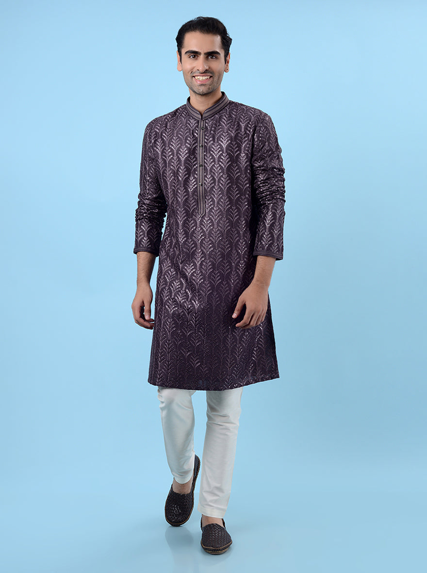 Traditional purple embroidered kurta pajama for men, perfect for special and festive occasions.