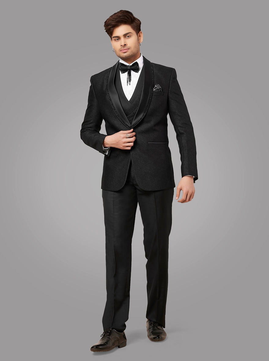 Classic black terry rayon suit featuring a self-design pattern, perfect for formal events and gatherings.