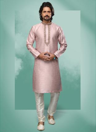 Handwoven Light Lavender Art Silk  Kurta Pajama | Enriched with Fine Embroidery & Graceful Aesthetic