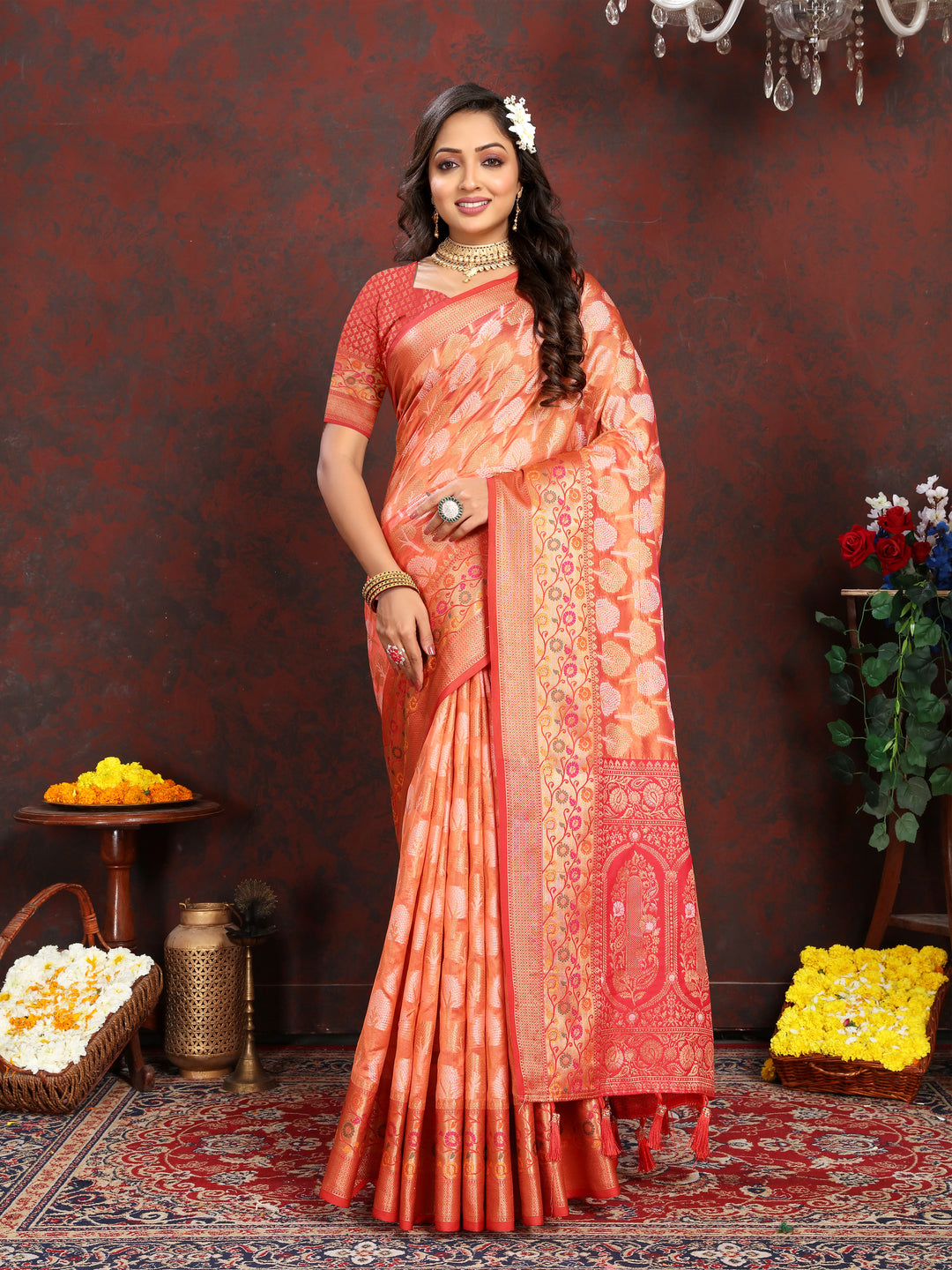 Elegant orange Meenakari Organza silk saree with intricate weaving, perfect for Indian celebrations.