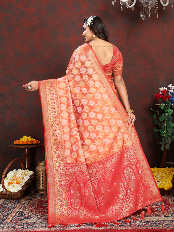 Orange Meenakari Organza silk saree with intricate weaving, perfect for festive events.