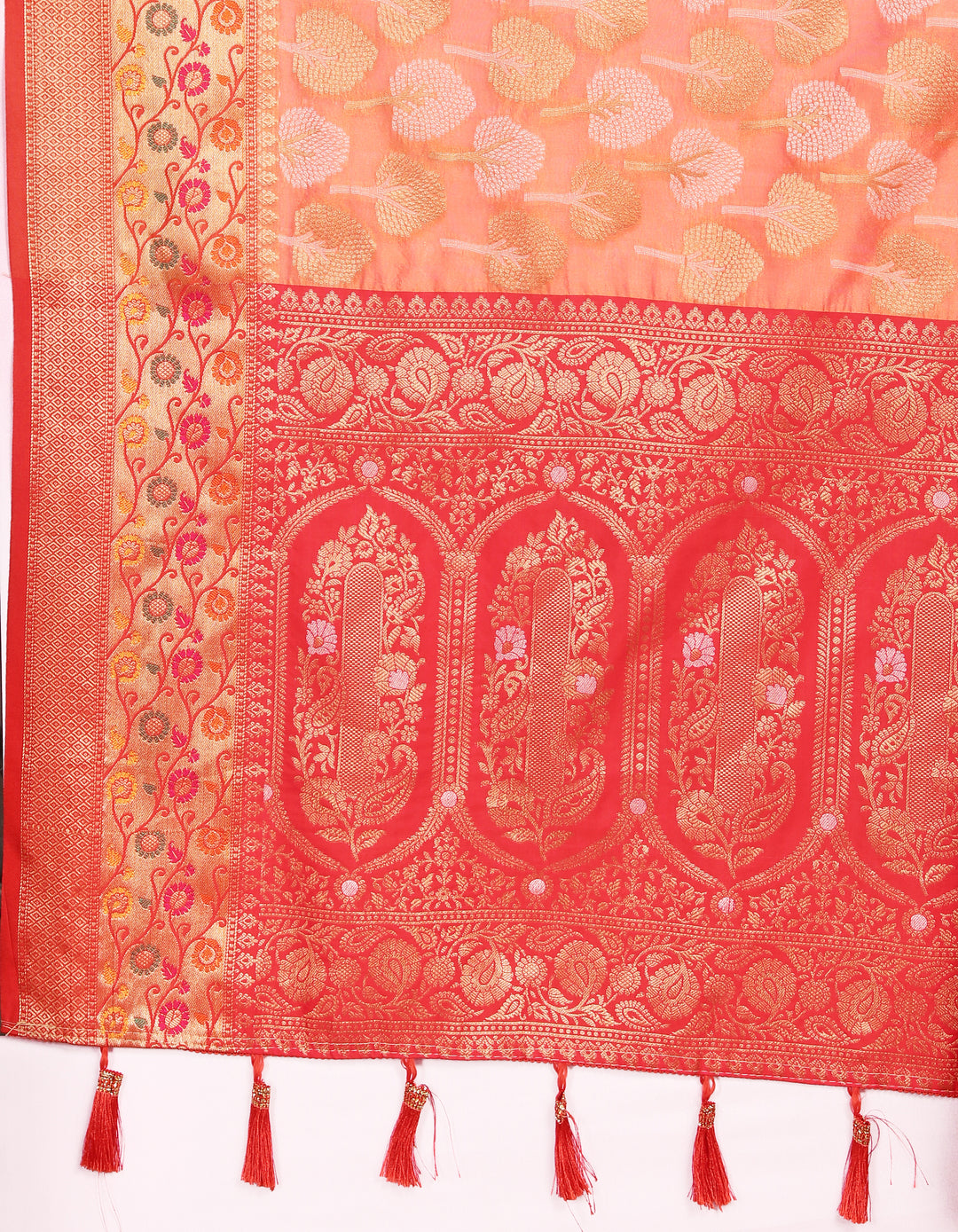 Sophisticated orange Organza silk saree with luxurious Meenakari design, ideal for grand celebrations.