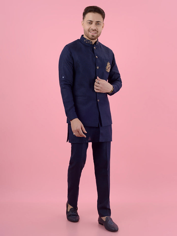 Shine in this stylish Navy Blue Kurta Set with Koti, crafted for comfort and sophistication during celebrations.