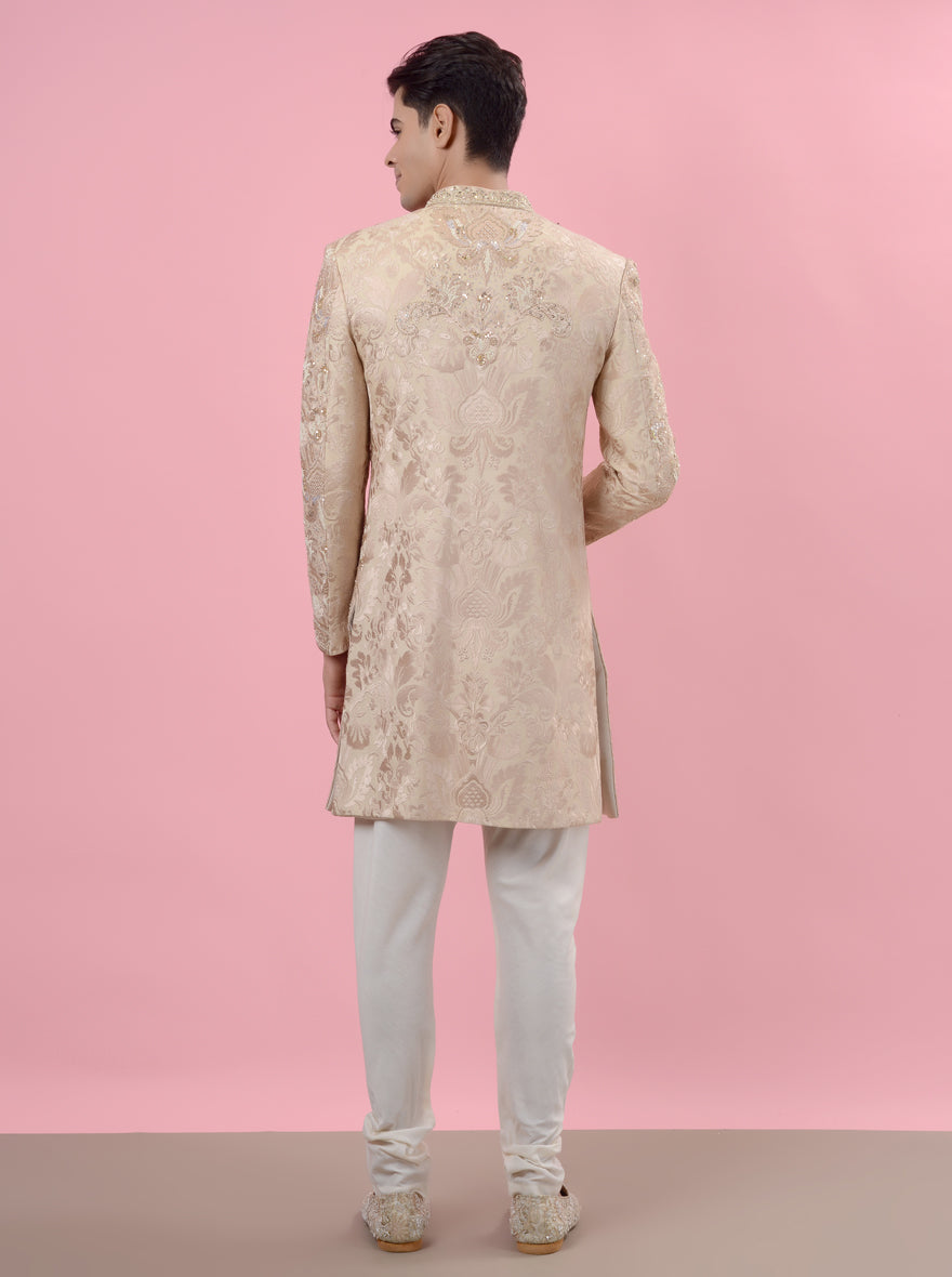 High-quality Beige Silk Sherwani crafted to elevate your style with its stunning embroidery details.