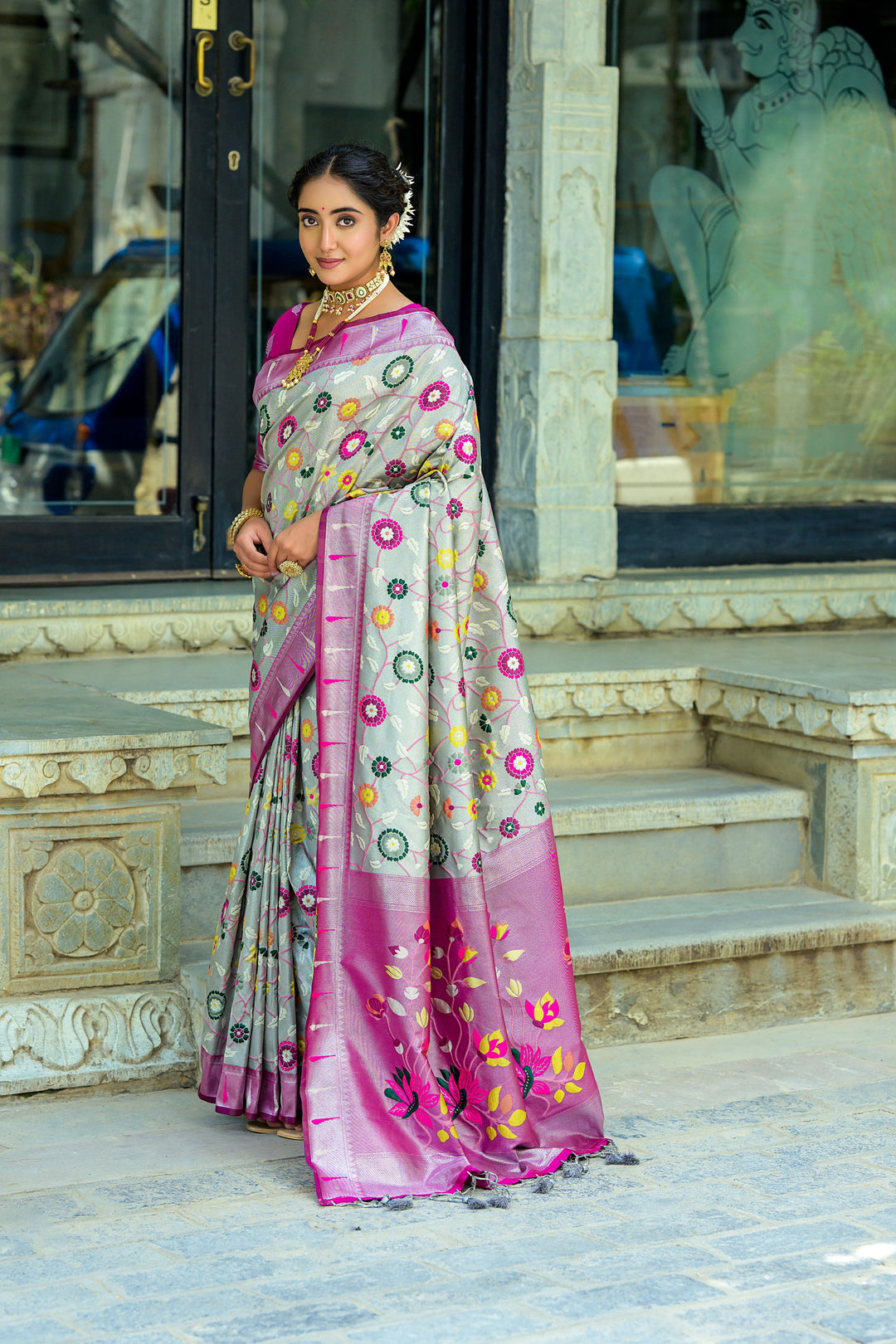 Rich Banarasi Paithani saree with contrast weaving border and tassels