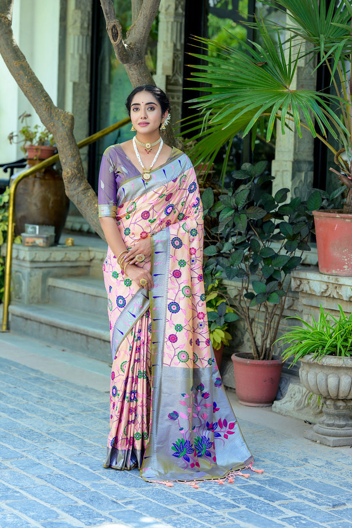 Traditional Banarasi Paithani saree with meena weaving and fancy tassels