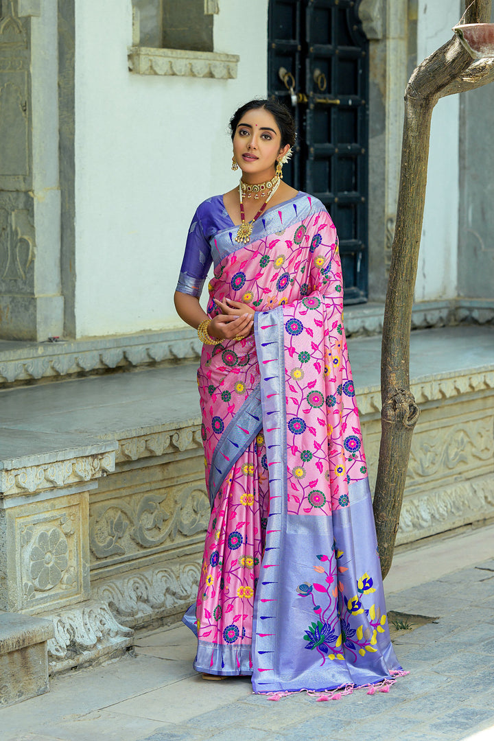 Festive Banarasi Paithani saree with rich floral zari and meena pattern