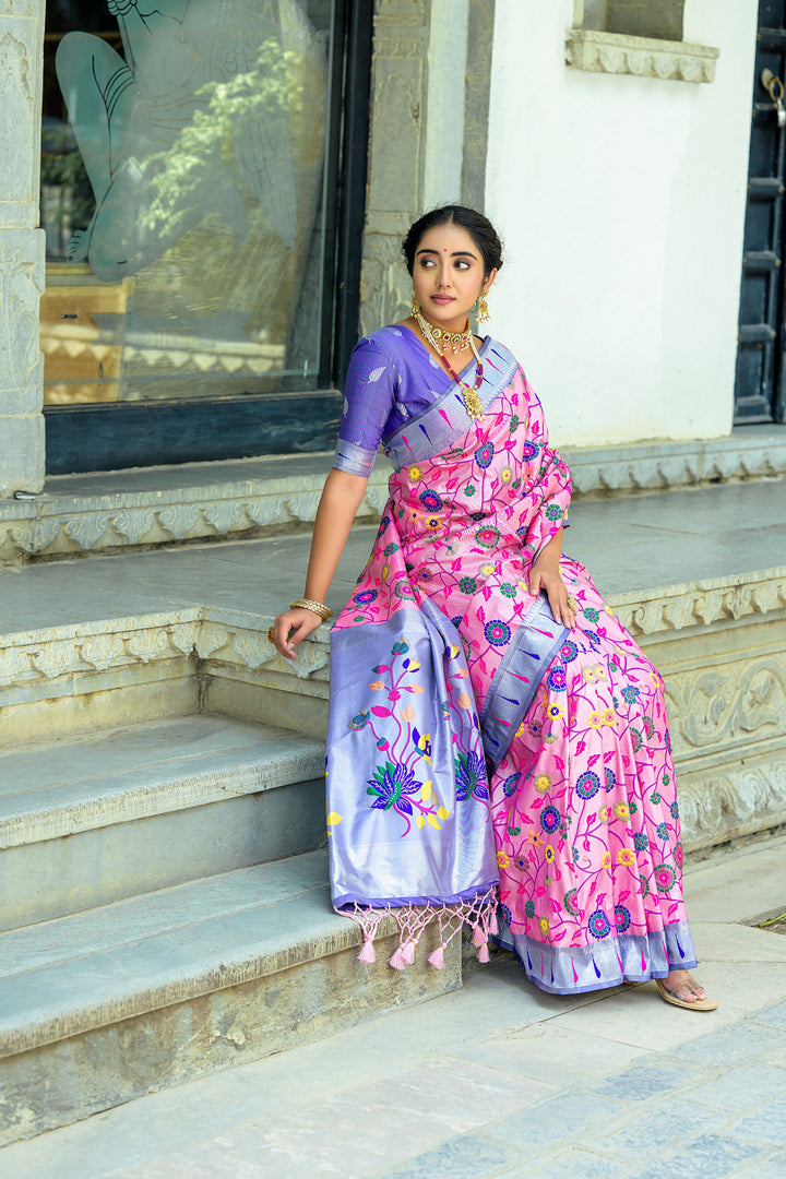 Exquisite Banarasi Paithani saree with meena weaving and contrast border