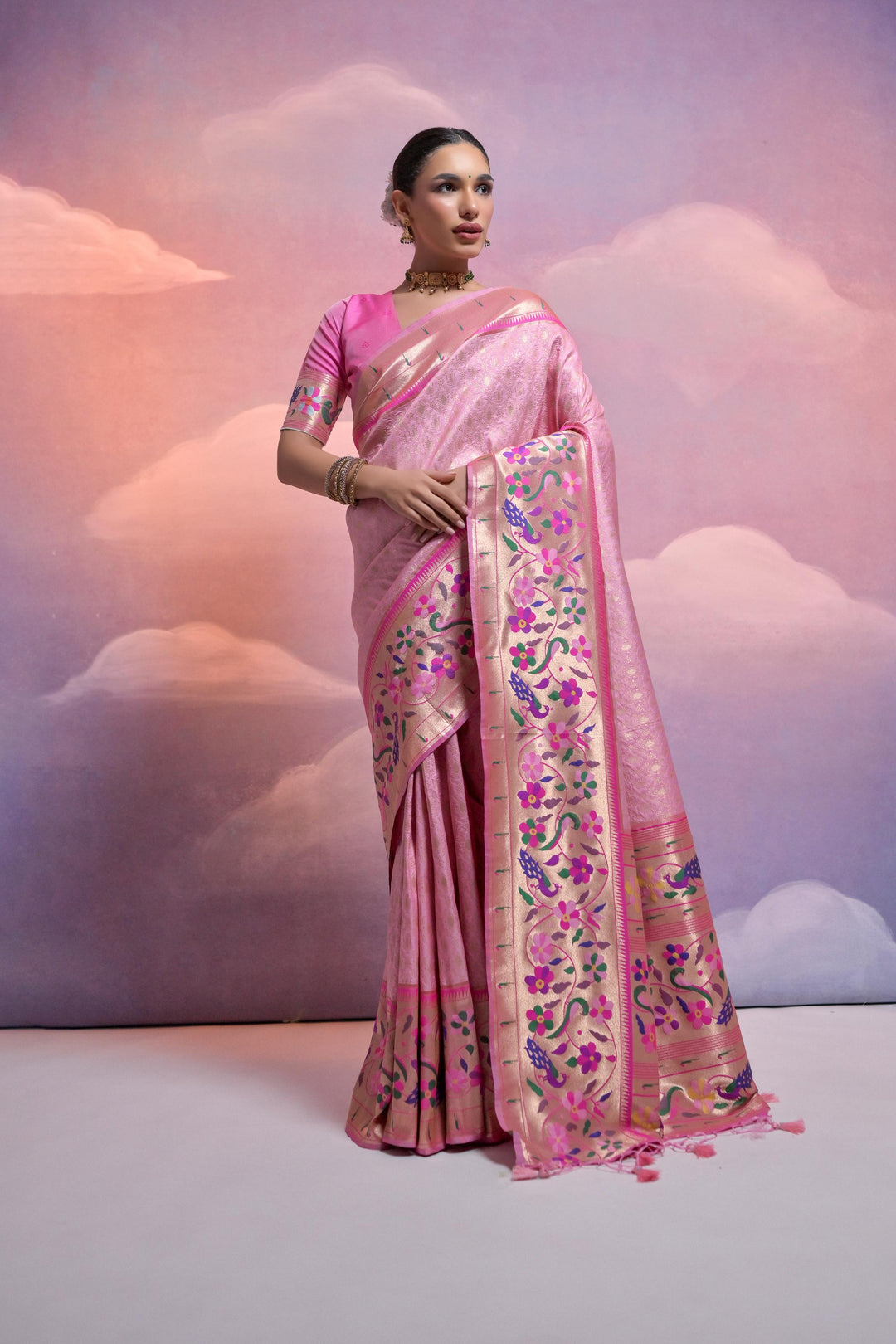 Soft Banarasi Paithani saree with Kanjivaram weaving and contrast border, perfect for USA festive occasions