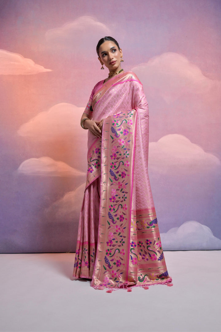 Elegant Banarasi saree with rich zari-woven pallu and fancy tassels, crafted for USA celebrations