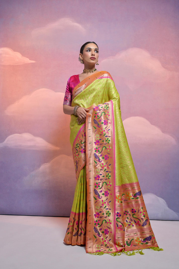 Exquisite Banarasi Paithani saree with Kanjivaram weave and tassels, tailored for USA festivities