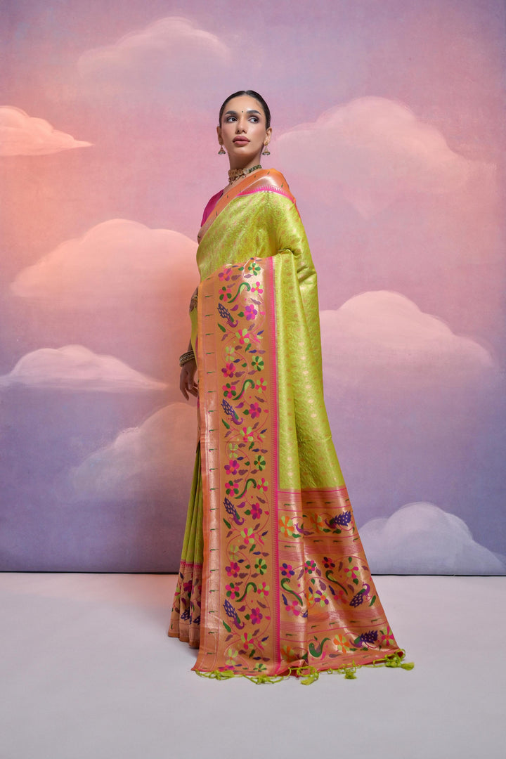 Soft Banarasi Paithani saree with contrast weaving border, perfect for USA weddings and gatherings