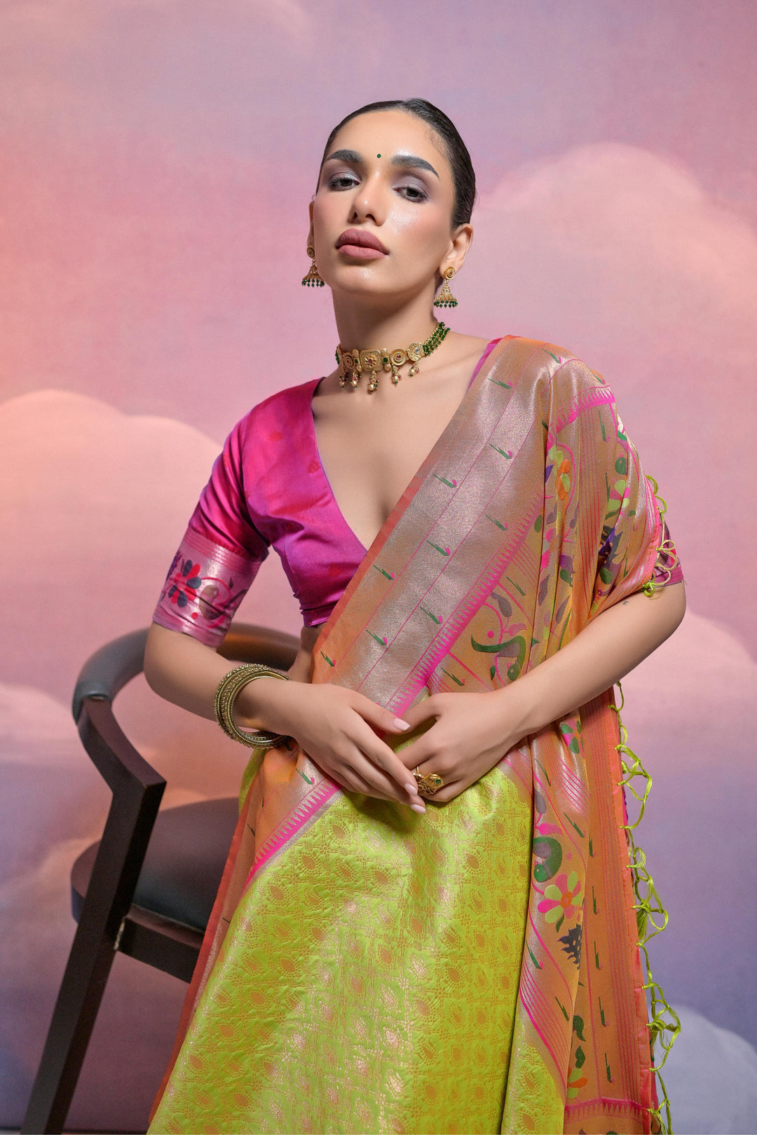 USA-market Banarasi saree with rich zari-woven pallu and vibrant contrast border