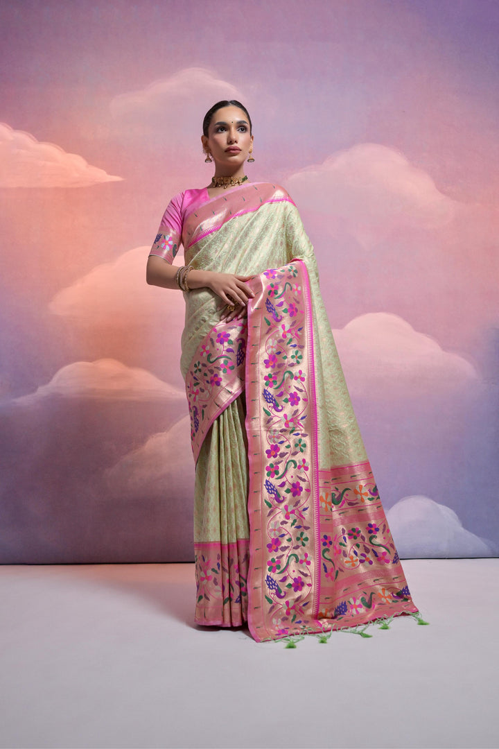 Banarasi Paithani saree with Kanjivaram design and zari pallu, tailored for USA special events