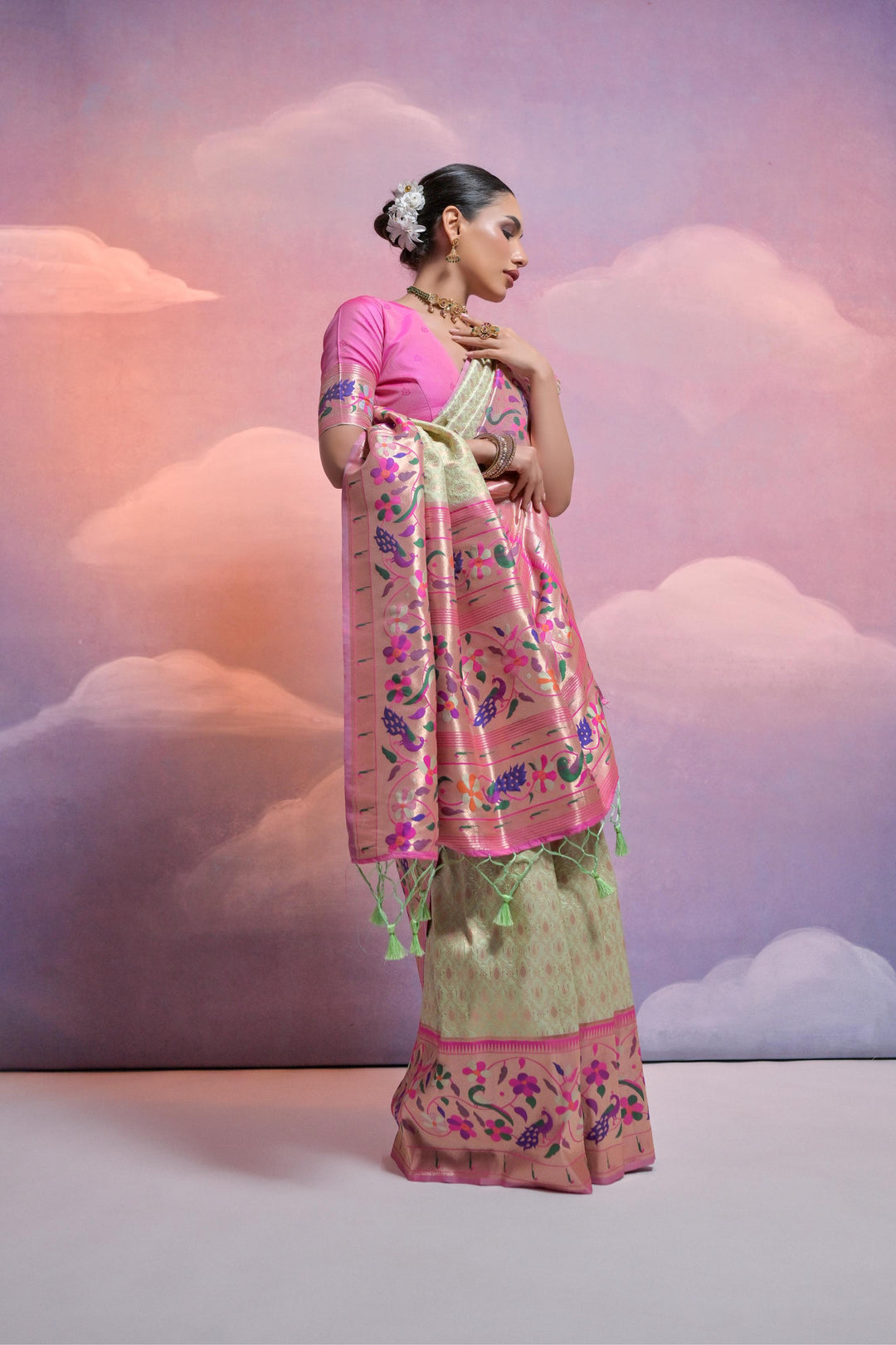 USA-specific Banarasi Paithani saree with beautiful Kanjivaram weave and fancy tassels