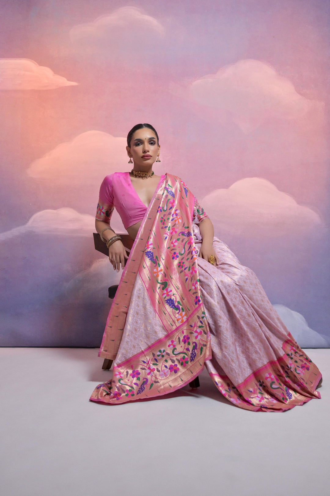 Banarasi Paithani saree with vibrant Kanjivaram weave and matching blouse, ideal for American festivals