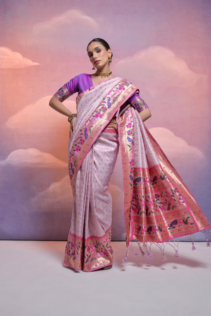 Festive Banarasi Paithani saree with zari border and tassels, perfect for USA cultural events