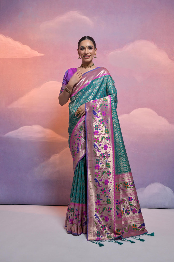 Beautiful Paithani saree with Kanjivaram weave and fancy tassels, crafted for USA celebrations