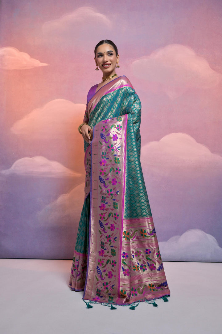 Elegant 5.5 MTR Paithani saree with Kanjivaram weaving, crafted for USA festive occasions