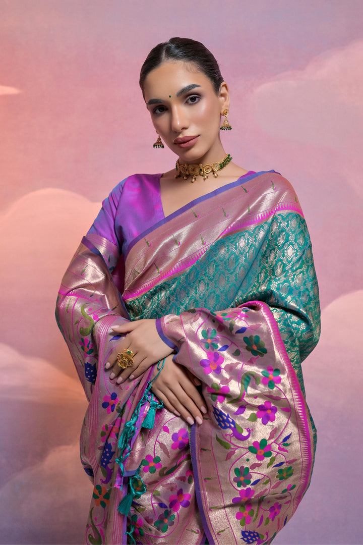 Banarasi Paithani saree with contrast border and zari pallu, perfect for USA gatherings