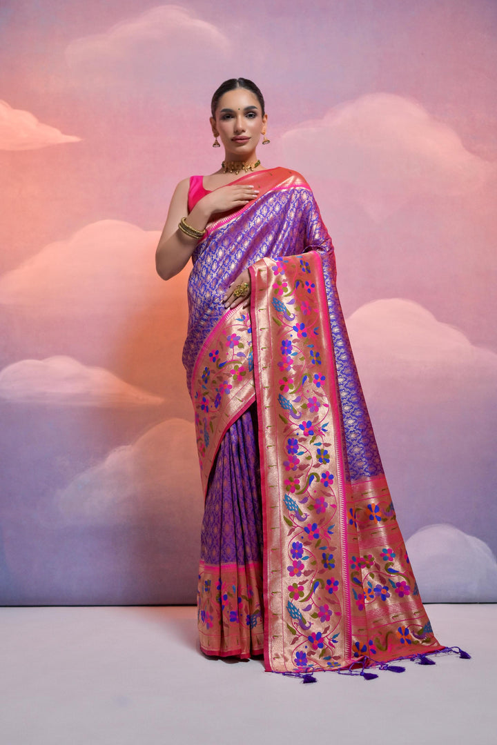 USA-centric Banarasi saree with rich zari-woven pallu and vibrant Kanjivaram weaving