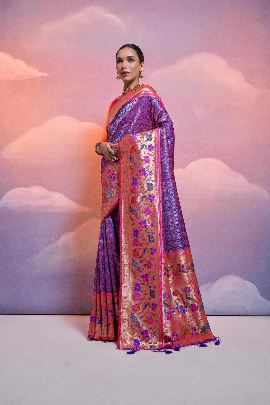 Traditional Paithani saree with Kanjivaram weave and zari pallu, perfect for USA events