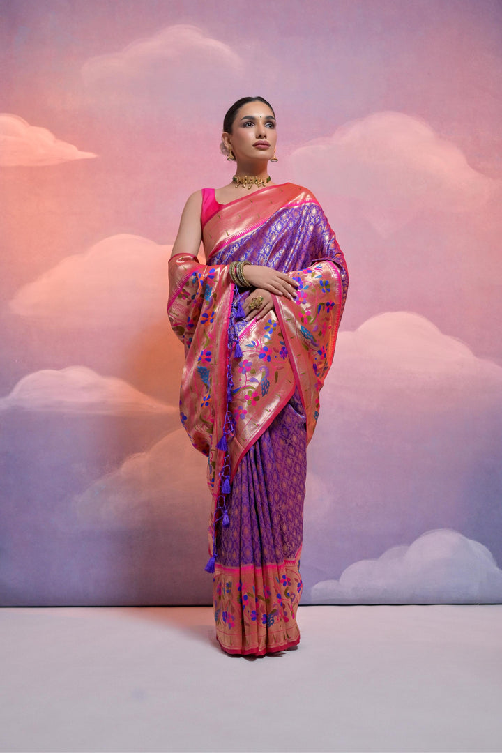 USA-specific Banarasi Paithani saree with contrast border, tailored for special celebrations