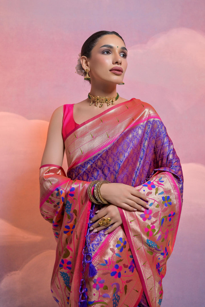 Soft Banarasi saree with vibrant Kanjivaram weave, perfect for USA festive gatherings