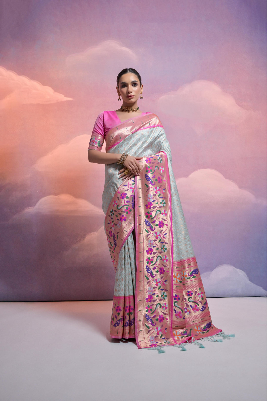 5.5 MTR Banarasi saree with elegant zari pallu and tassels for American weddings