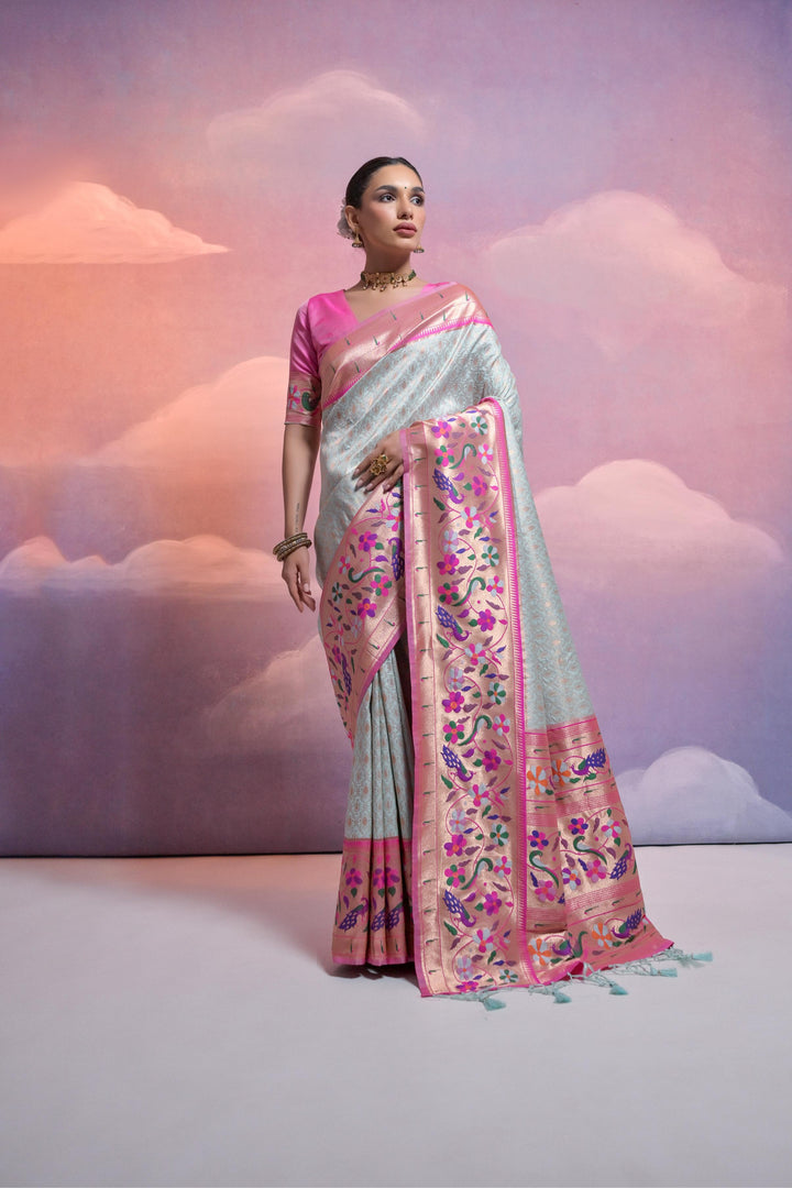 Beautiful USA-focused Paithani saree with intricate Kanjivaram weaving and zari pallu