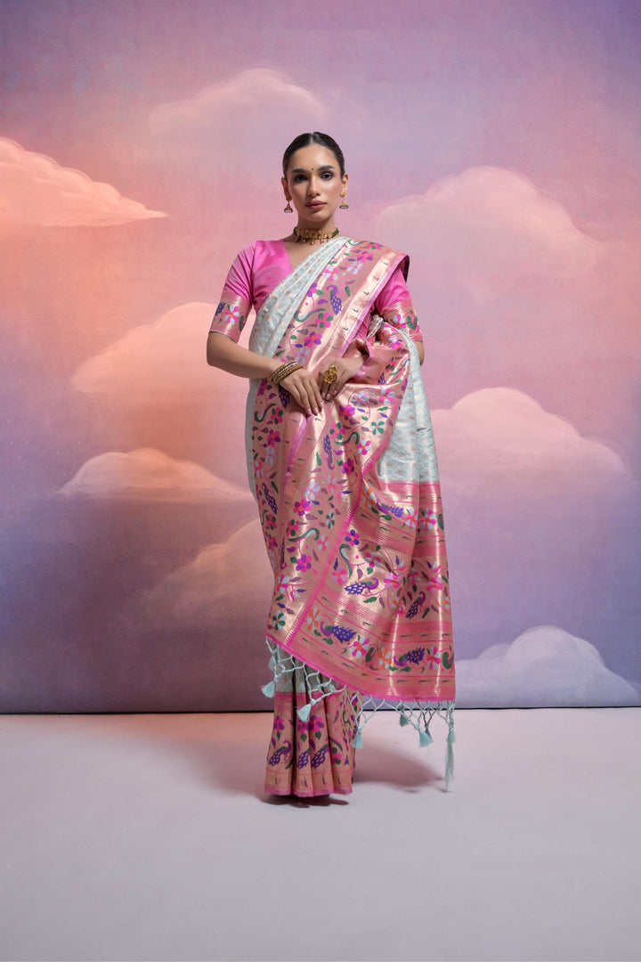 Banarasi Paithani saree with elegant contrast border, perfect for American traditional events