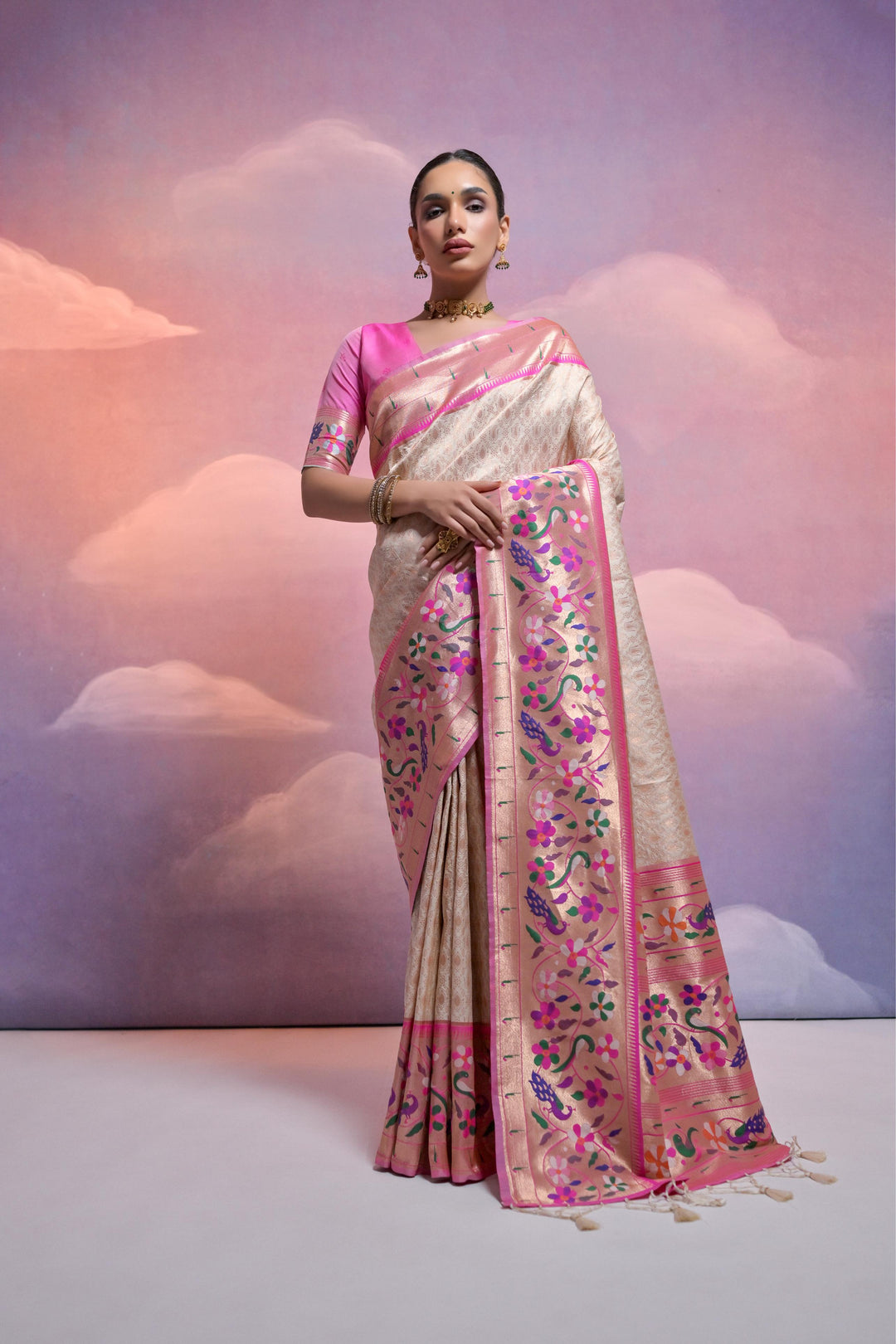 Banarasi Paithani saree with Kanjivaram weave and matching blouse, tailored for USA special events