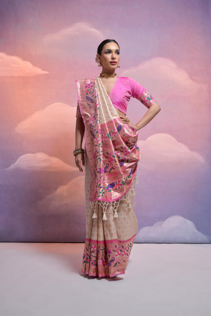 Banarasi saree with fancy tassels and contrast border, crafted for USA weddings