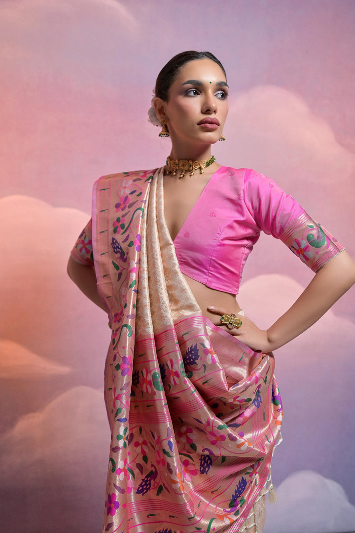 Traditional USA Paithani saree with rich zari pallu and matching blouse piece