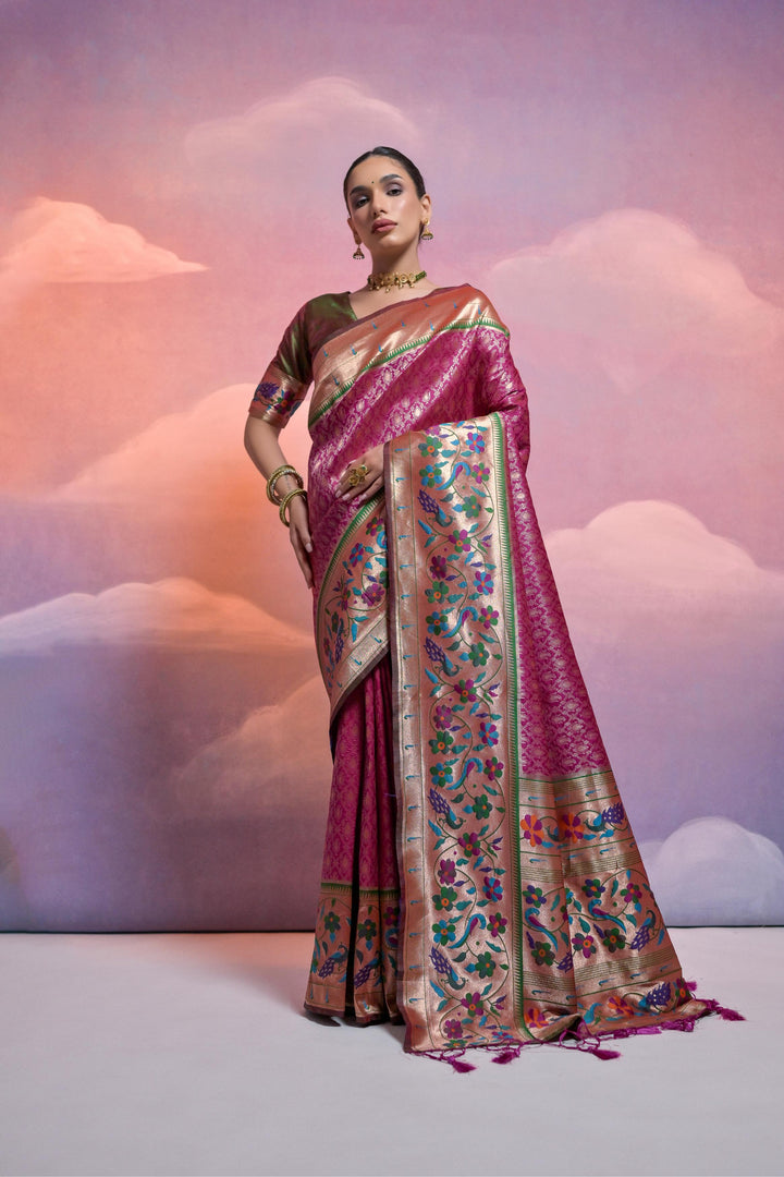 USA-specific Banarasi Paithani saree with contrast border and zari-woven pallu