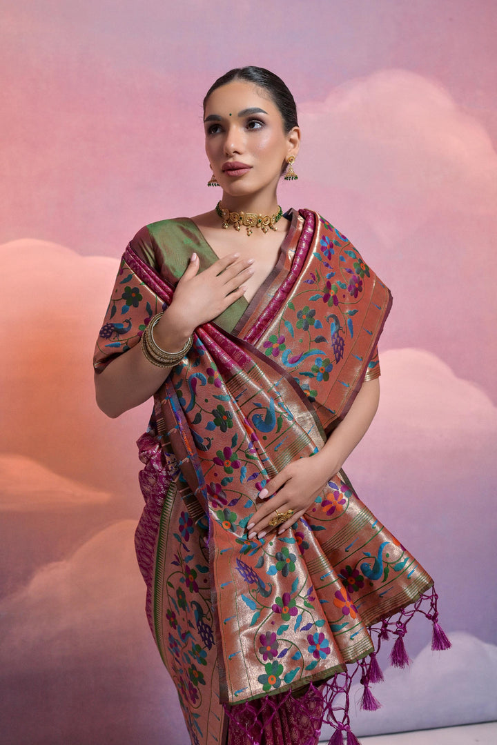 5.5 MTR Banarasi Paithani saree with vibrant Kanjivaram weave, ideal for American events