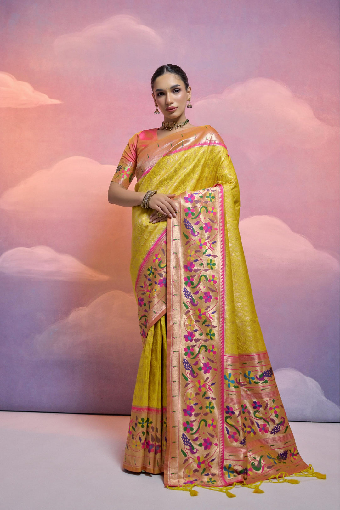 Exquisite Paithani saree with zari-woven pallu and tassels, crafted for USA market