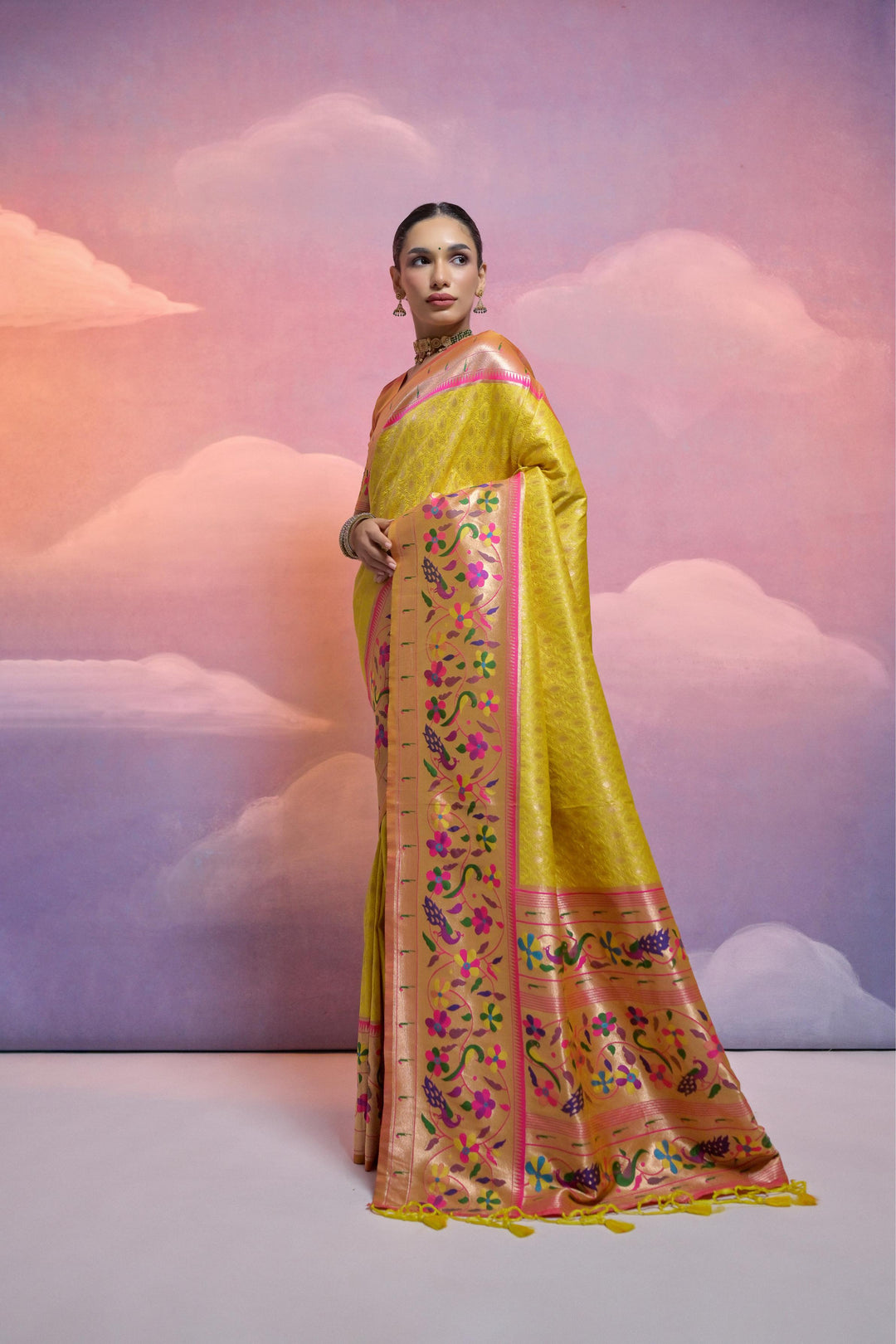 Traditional Banarasi Paithani saree with zari pallu, tailored for American weddings